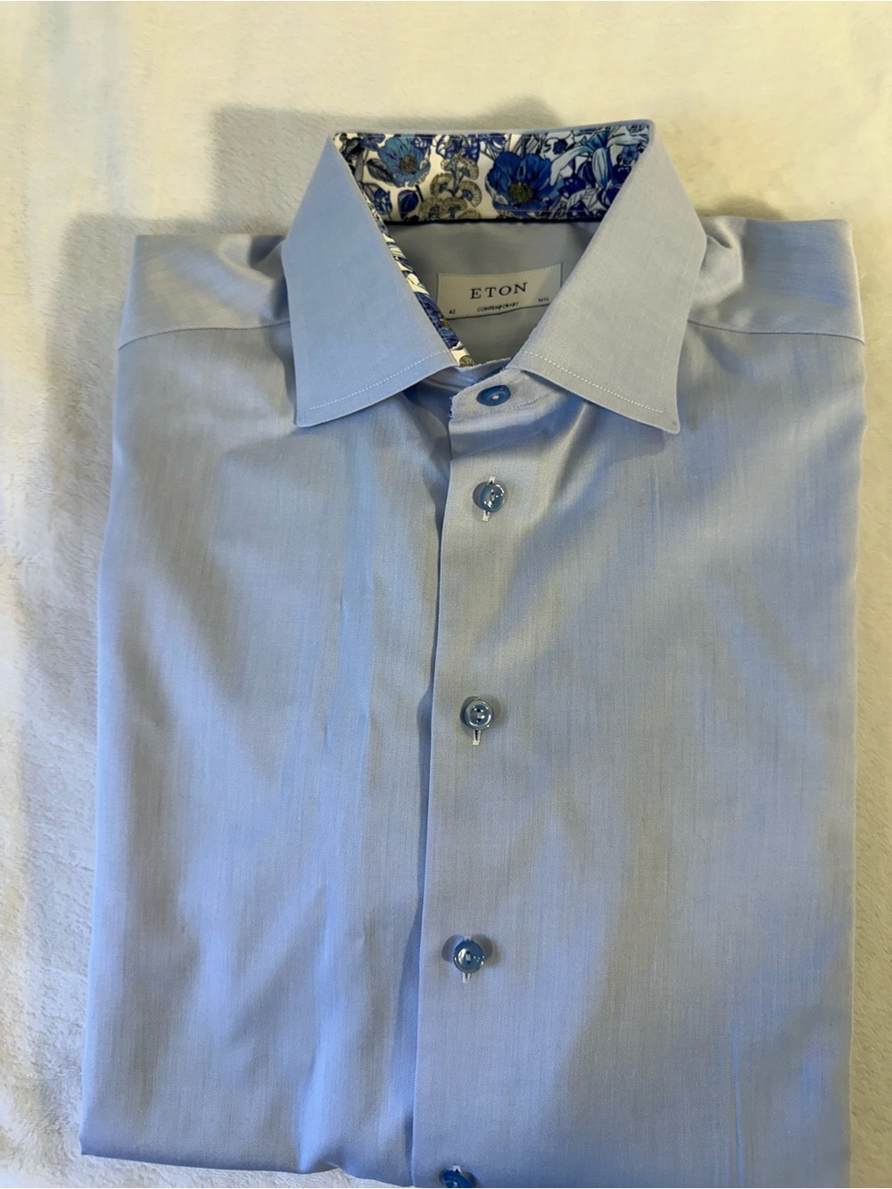 Eton Contemporary Men’s Light Blue Dress Shirt with Floral Contrast Trim 16.5/42